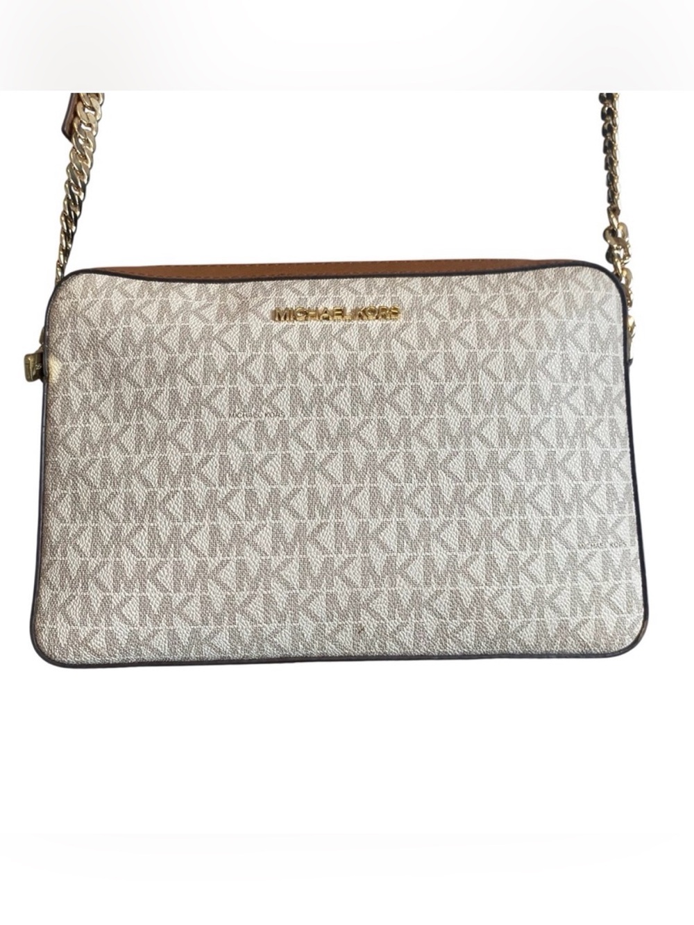 Michael Kors Jet Set Taupe and White Adjustable Crossbody Bag - Like New